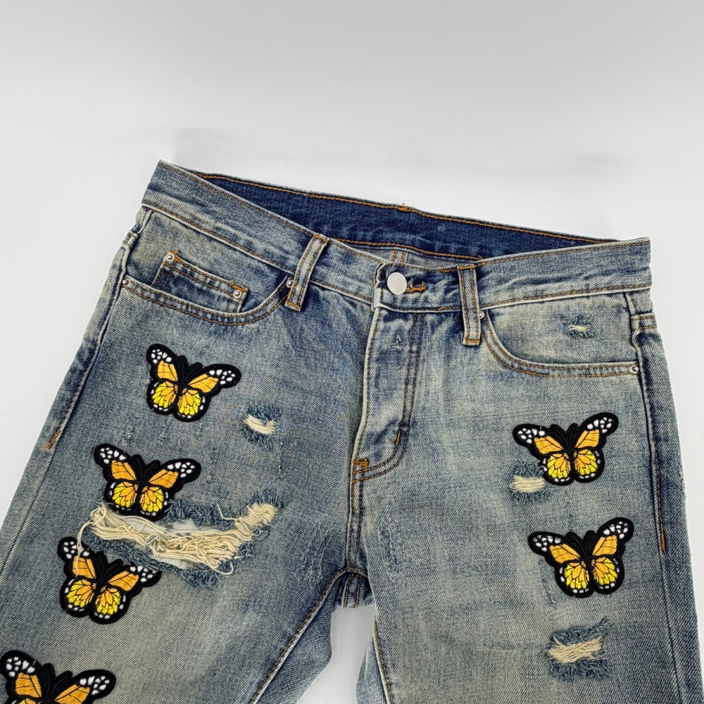 MNML Butterfly Distressed Skinny Jeans‎ Size 29 Blue Yellow Streetwear Denim